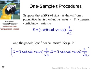 One-Sample t Procedures Suppose that a SRS of size n is drawn from a population having unknown mean   .  The general confidence limits are and the general confidence interval for     is 