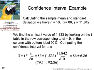 Confidence Interval Example We find the critical t value of 1.833 by looking on the t table in the row corresponding to df = 9, in the column with bottom label 90%.  Computing the confidence interval for    is Calculating the sample mean and standard deviation we have n = 10,  = 86, s = 11.842 