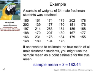 Example A sample of weights of 34 male freshman students was obtained. 185 161 174 175 202 178 202 139 177 170 151 176 197 214 283 184 189 168 188 170 207 180 167 177  166 231 176 184 179 155 148 180 194 176 If one wanted to estimate the true mean of all male freshman students, you might use the sample mean as a point estimate for the true mean. 