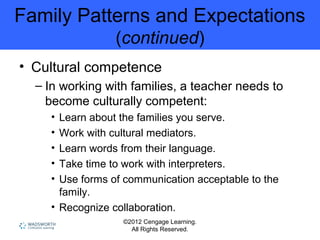 ©2012 Cengage Learning.
All Rights Reserved.
Family Patterns and Expectations
(continued)
• Cultural competence
– In working with families, a teacher needs to
become culturally competent:
• Learn about the families you serve.
• Work with cultural mediators.
• Learn words from their language.
• Take time to work with interpreters.
• Use forms of communication acceptable to the
family.
• Recognize collaboration.
 