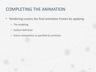 COMPLETING THE ANIMATION
• Rendering creates the final animation frames by applying:
– The modeling
– Surface definition
– Scene composition as specified by animator
29
 