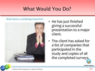 What Would You Do?
Meet Aaron, a marketing researcher:
                                                        •   He has just finished
                                                            giving a successful
                                                            presentation to a major
                                                            client.
                                                        •   The client has asked for
                                                            a list of companies that
                                                            participated in the
                                                            study and copies of all
                                                            the completed surveys.
                                                                                CASRO Website

     © McGraw-Hill Companies, Inc., McGraw-Hill/Irwin                                  9-7
 