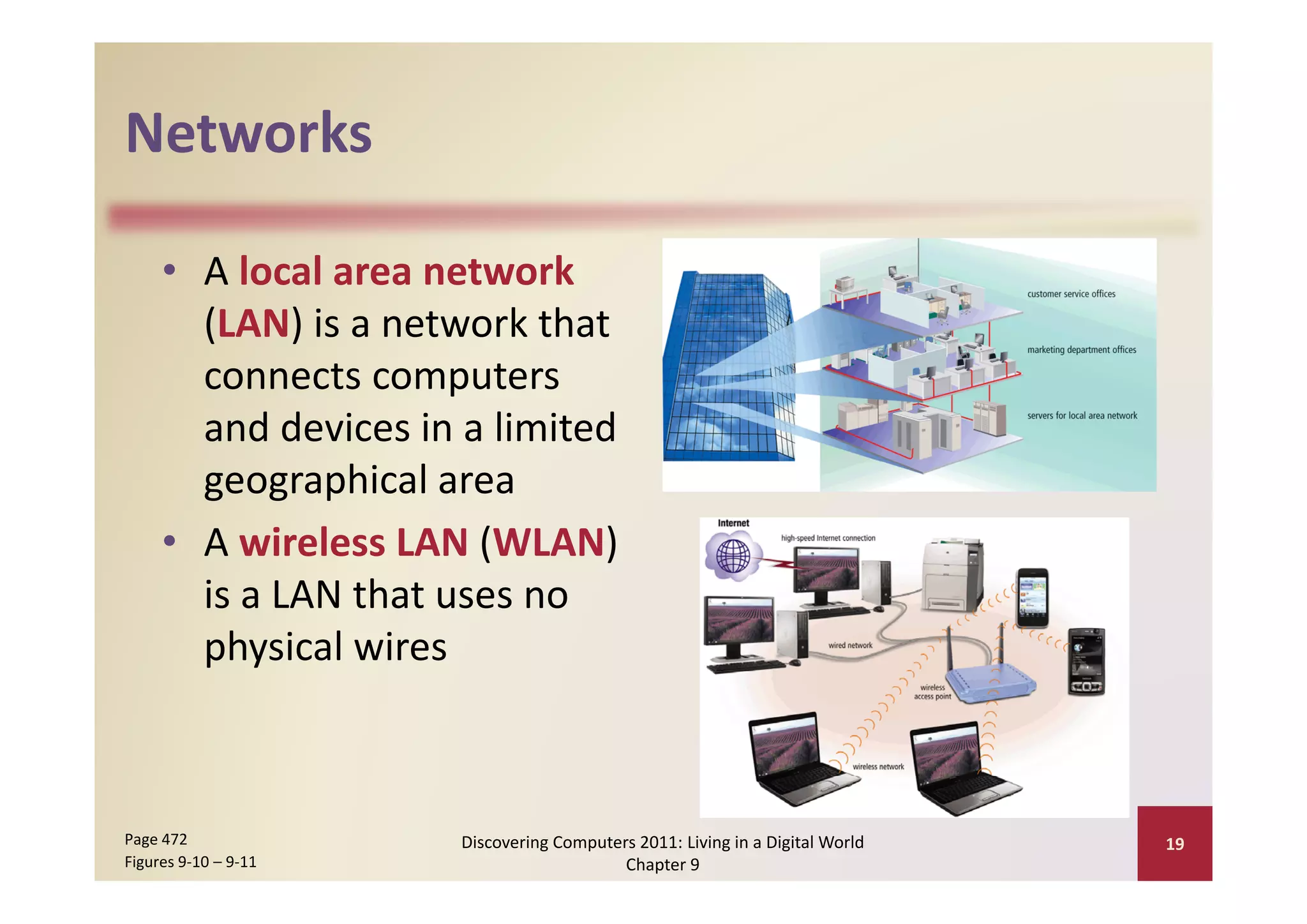 Networks

     • A local area network
       (LAN) is a network that 
       connects computers 
       and devices in a limited 
       geographical area
     • A wireless LAN (WLAN) 
       is a LAN that uses no 
       physical wires



Page 472              Discovering Computers 2011: Living in a Digital World    19
Figures 9‐10 – 9‐11                       Chapter 9
 