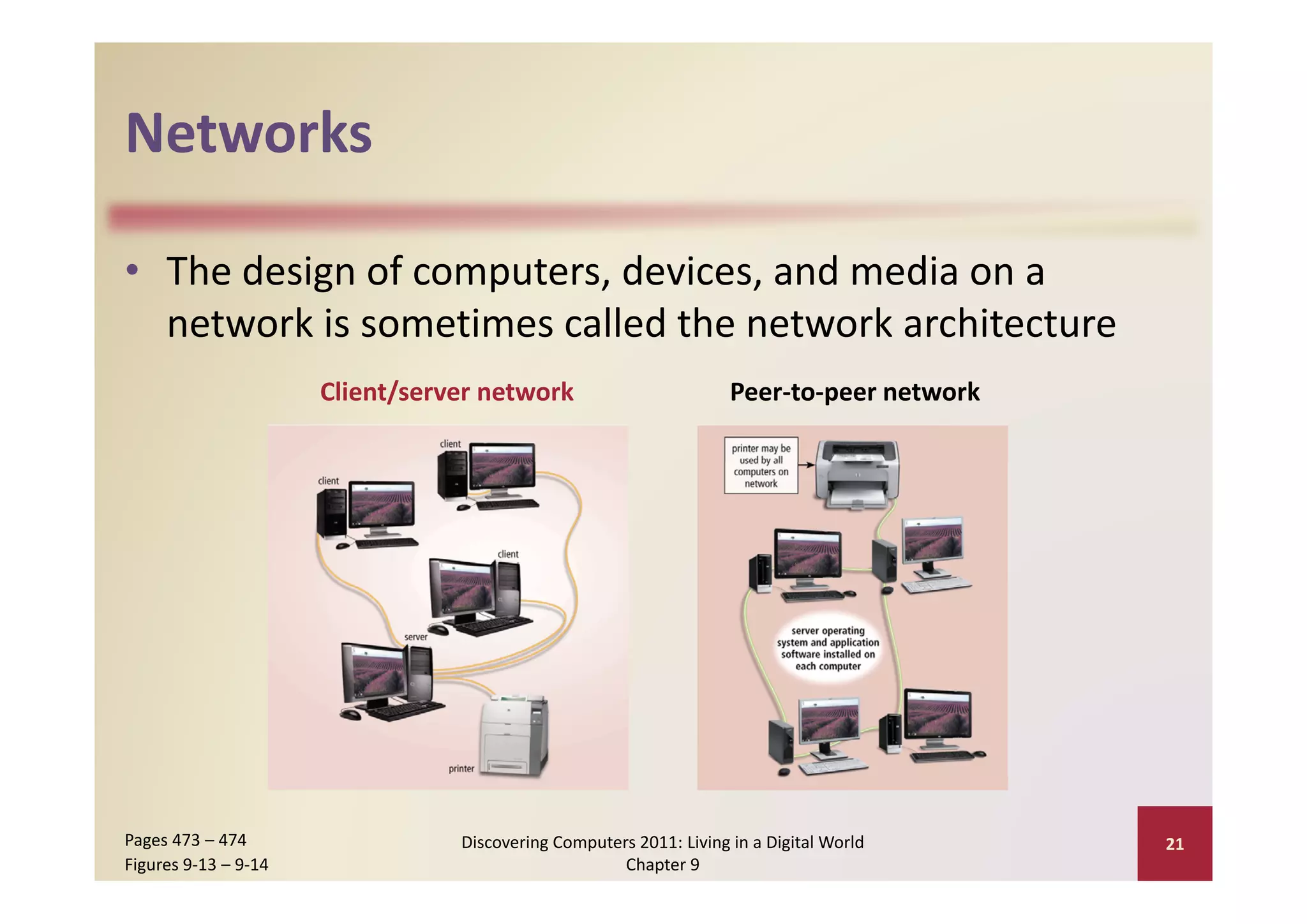Networks

• The design of computers, devices, and media on a 
  network is sometimes called the network architecture
                      Client/server network                         Peer‐to‐peer network




Pages 473 – 474                  Discovering Computers 2011: Living in a Digital World     21
Figures 9‐13 – 9‐14                                  Chapter 9
 