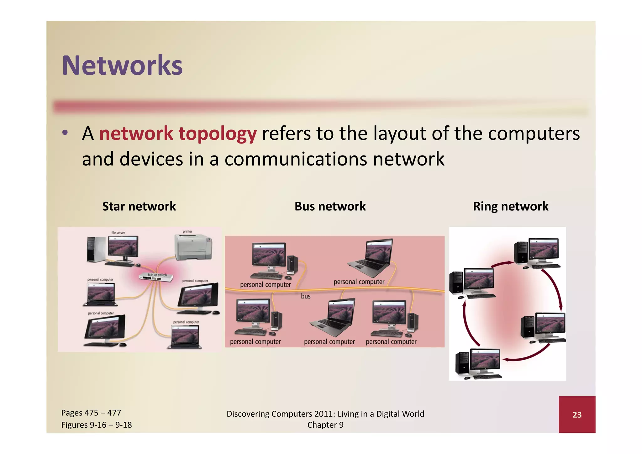 Networks

• A network topology refers to the layout of the computers 
  and devices in a communications network

           Star network                     Bus network                            Ring network




Pages 475 – 477           Discovering Computers 2011: Living in a Digital World                   23
Figures 9‐16 – 9‐18                           Chapter 9
 