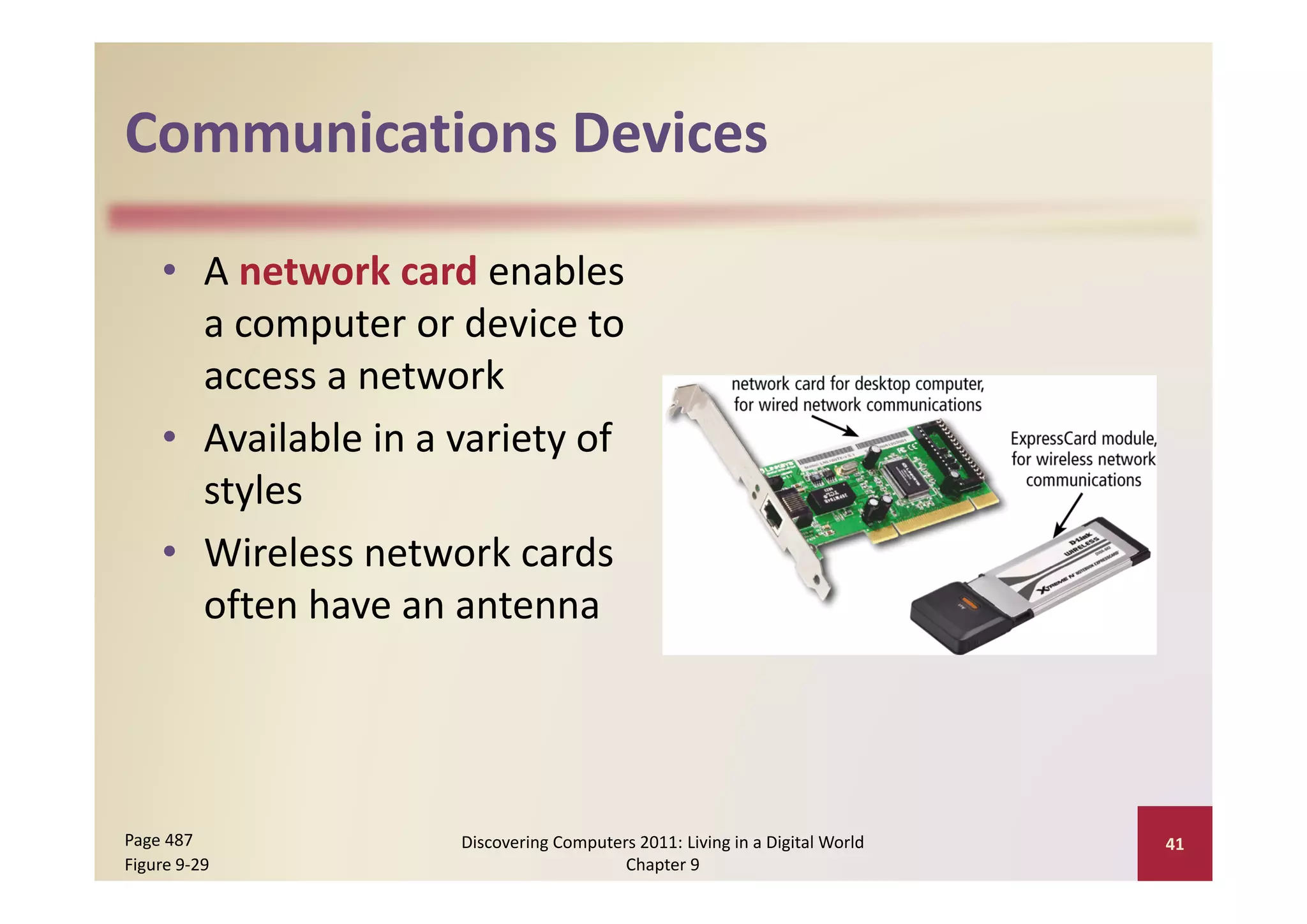 Communications Devices
Communications Devices

    • A network card enables 
      a computer or device to 
      access a network
    • Available in a variety of 
      styles
          e ess e o ca ds
    • Wireless network cards 
      often have an antenna




Page 487             Discovering Computers 2011: Living in a Digital World    41
Figure 9‐29                              Chapter 9
 