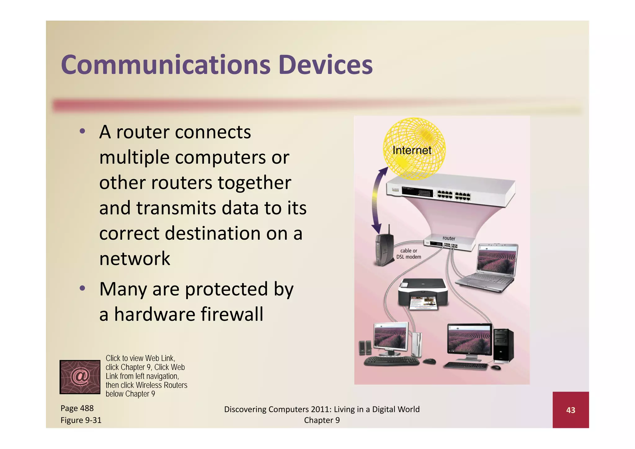 Communications Devices
Communications Devices

    • A router connects 
      multiple computers or 
      other routers together 
      and transmits data to its 
      correct destination on a 
      network
    • Many are protected by 
      a hardware firewall
              Click to view Web Link,
              click Chapter 9, Click Web
              Link from left navigation
                             navigation,
              then click Wireless Routers
              below Chapter 9
Page 488                                    Discovering Computers 2011: Living in a Digital World    43
Figure 9‐31                                                     Chapter 9
 