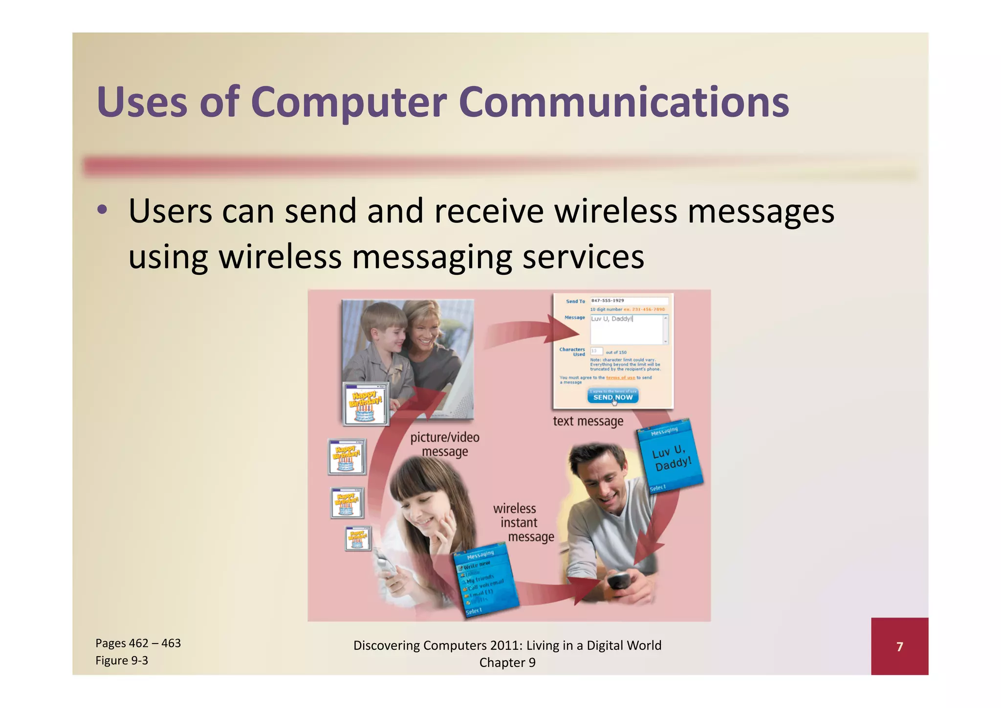 Uses of Computer Communications
Uses of Computer Communications

• Users can send and receive wireless messages 
      g               g g
  using wireless messaging services




Pages 462 – 463    Discovering Computers 2011: Living in a Digital World    7
Figure 9‐3                             Chapter 9
 