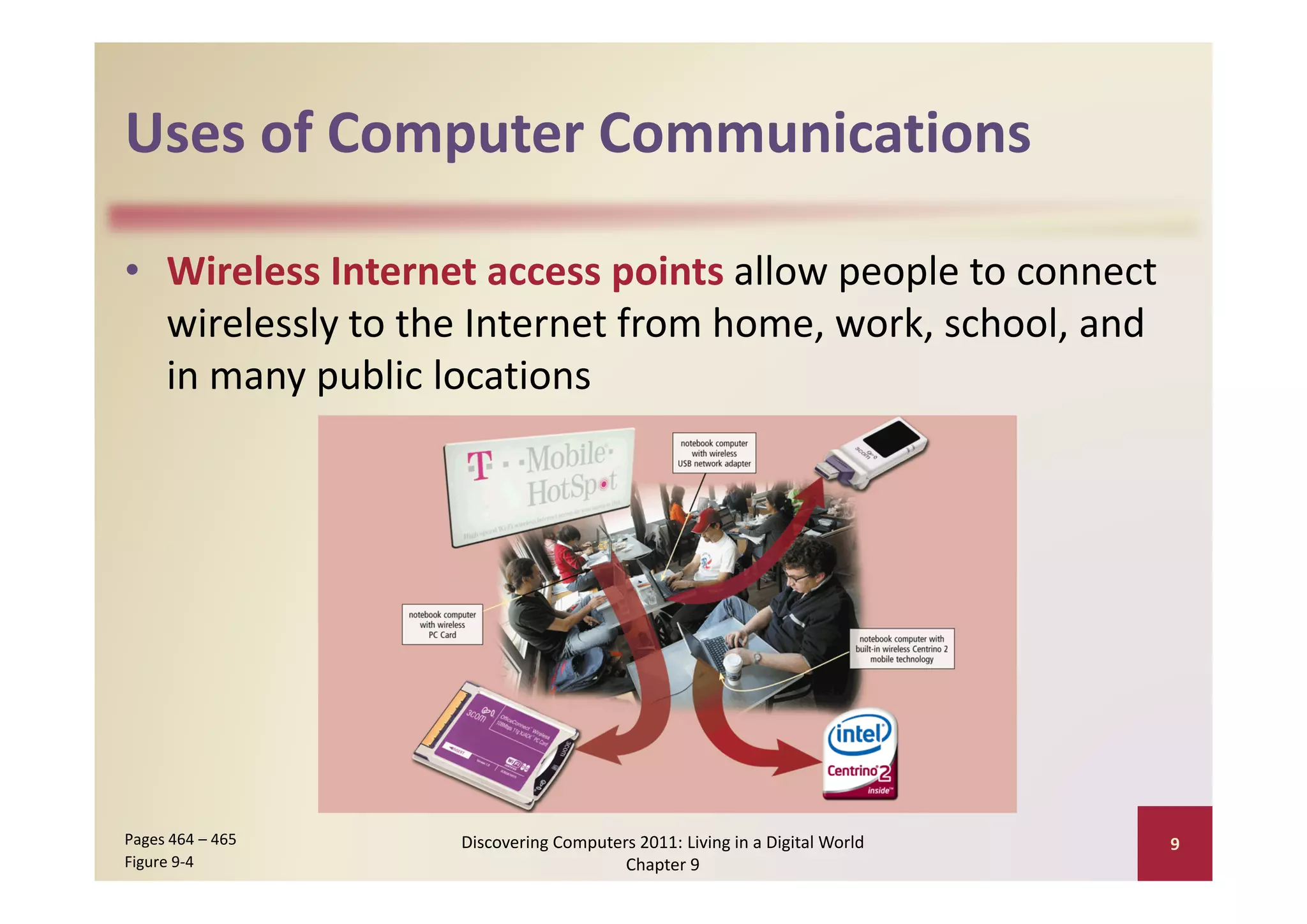 Uses of Computer Communications
Uses of Computer Communications

• Wireless Internet access points allow people to connect 
  wirelessly to the Internet from home, work, school, and 
  in many public locations




Pages 464 – 465    Discovering Computers 2011: Living in a Digital World    9
Figure 9‐4                             Chapter 9
 