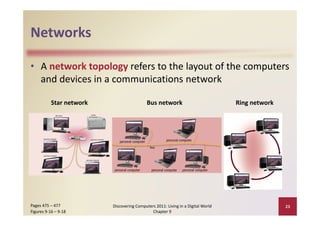 Networks

• A network topology refers to the layout of the computers 
  and devices in a communications network

           Star network                     Bus network                            Ring network




Pages 475 – 477           Discovering Computers 2011: Living in a Digital World                   23
Figures 9‐16 – 9‐18                           Chapter 9
 
