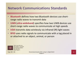 Network Communications Standards
Network Communications Standards

• Bluetooth defines how two Bluetooth devices use short‐
  range radio waves to transmit data
• UWB (ultra‐wideband) specifies how two UWB devices use 
  short‐range radio waves to communicate at high speeds
• IrDA transmits data wirelessly via infrared (IR) light waves
• RFID uses radio signals to communicate with a tag placed in 
  or attached to an object, animal, or person


           Click to view Web Link,
           click Chapter 9, Click Web
           Link from left navigation
                          navigation,
           then click RFID
           below Chapter 9
Pages 480 ‐ 481                         Discovering Computers 2011: Living in a Digital World    29
                                                            Chapter 9
 