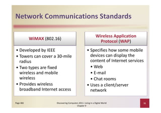 Network Communications Standards
Network Communications Standards

                                                                Wireless Application 
           WiMAX (802.16)
                                                                  Protocol (WAP)
• Developed by IEEE                                    • Specifies how some mobile 
• Towers can cover a 30‐mile
  Towers can cover a 30‐mile                             devices can display the 
                                                         devices can display the
  radius                                                 content of Internet services
       yp
• Two types are fixed                                    • Web
  wireless and mobile                                    • E‐mail
  wireless                                               • Chat rooms
• Provides wireless                                    • Uses a client/server 
  broadband Internet access                              network

Page 482               Discovering Computers 2011: Living in a Digital World            31
                                           Chapter 9
 