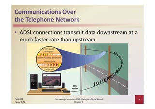 Communications Over 
the Telephone Network
 h    l h           k
• ADSL connections transmit data downstream at a 
                         p
  much faster rate than upstream




Page 484       Discovering Computers 2011: Living in a Digital World    36
Figure 9‐25                        Chapter 9
 