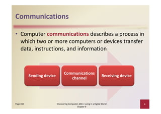 Communications

• Computer communications describes a process in 
                           p
  which two or more computers or devices transfer 
  data, instructions, and information


                                   Communications 
           Sending device                                                   Receiving device
                                      channel




Page 460                    Discovering Computers 2011: Living in a Digital World              4
                                                Chapter 9
 