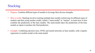Stacking
• Purpose: Combine different types of models to leverage their diverse strengths.
• How it works: Stacking involves training multiple base models (which may be different types of
models) and then using another model, called a "meta-model" or "stacker", to learn how to best
combine the predictions of the base models. The meta-model takes the predictions of the base
models as inputs to produce the final prediction.
• Example: Combining decision trees, SVM, and neural networks as base models, with a logistic
regression or another model as the meta-model
40
 
