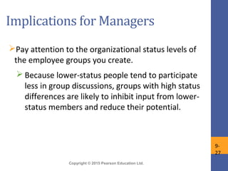 Copyright © 2015 Pearson Education Ltd.
Implications for Managers
Pay attention to the organizational status levels of
the employee groups you create.
 Because lower-status people tend to participate
less in group discussions, groups with high status
differences are likely to inhibit input from lower-
status members and reduce their potential.
9-
27
 