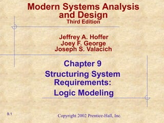 Copyright 2002 Prentice-Hall, Inc.
Modern Systems Analysis
and Design
Third Edition
Jeffrey A. Hoffer
Joey F. George
Joseph S. Valacich
Chapter 9
Structuring System
Requirements:
Logic Modeling
9.1
 