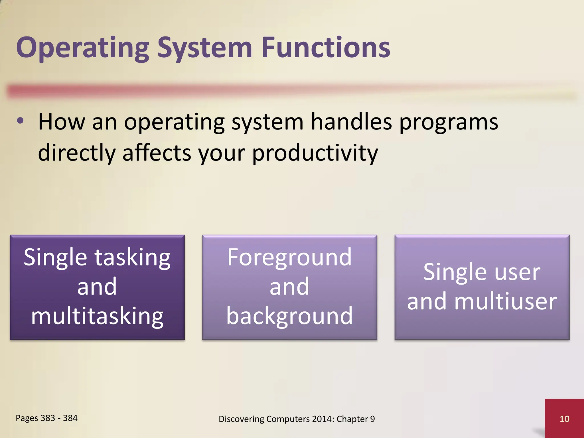 Operating System Functions
• How an operating system handles programs
directly affects your productivity
Discovering Computers 2014: Chapter 9 10
Pages 383 - 384
Single tasking
and
multitasking
Foreground
and
background
Single user
and multiuser
 