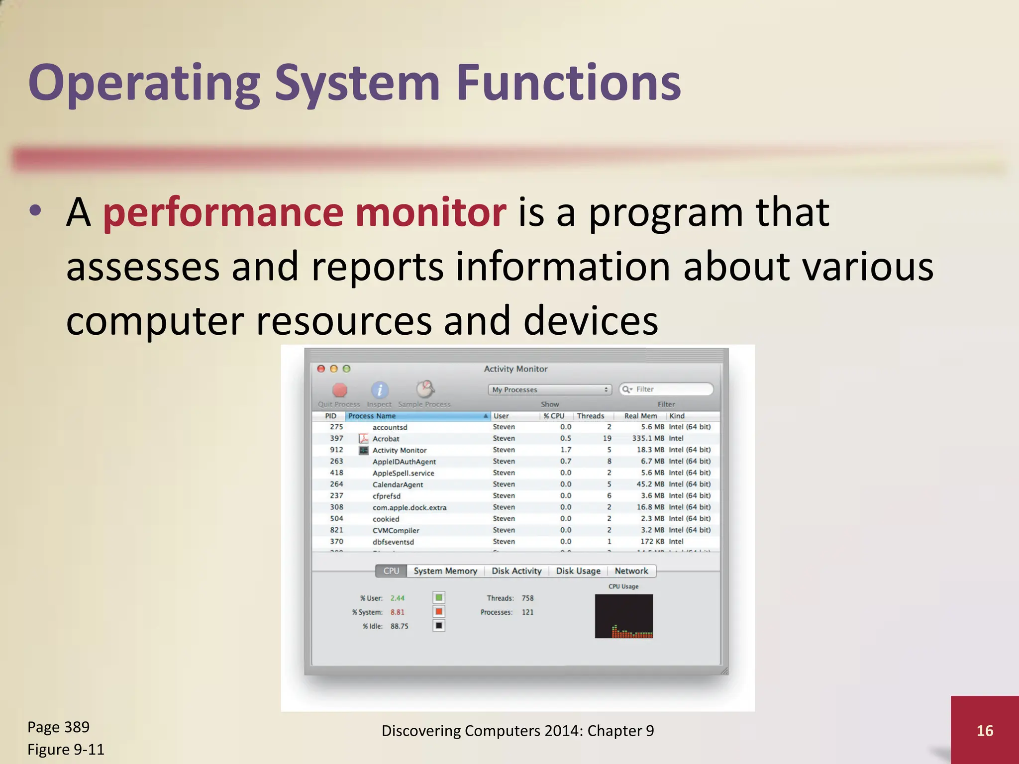 Operating System Functions
• A performance monitor is a program that
assesses and reports information about various
computer resources and devices
Discovering Computers 2014: Chapter 9 16
Page 389
Figure 9-11
 