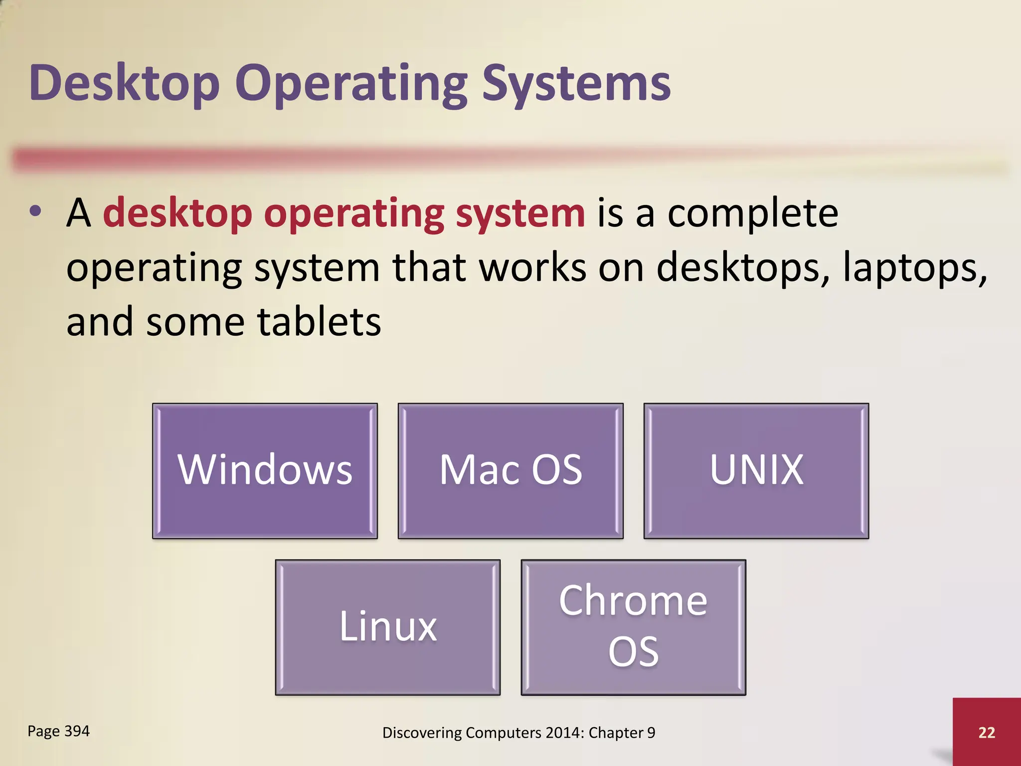 Desktop Operating Systems
• A desktop operating system is a complete
operating system that works on desktops, laptops,
and some tablets
Discovering Computers 2014: Chapter 9 22
Page 394
Windows Mac OS UNIX
Linux
Chrome
OS
 