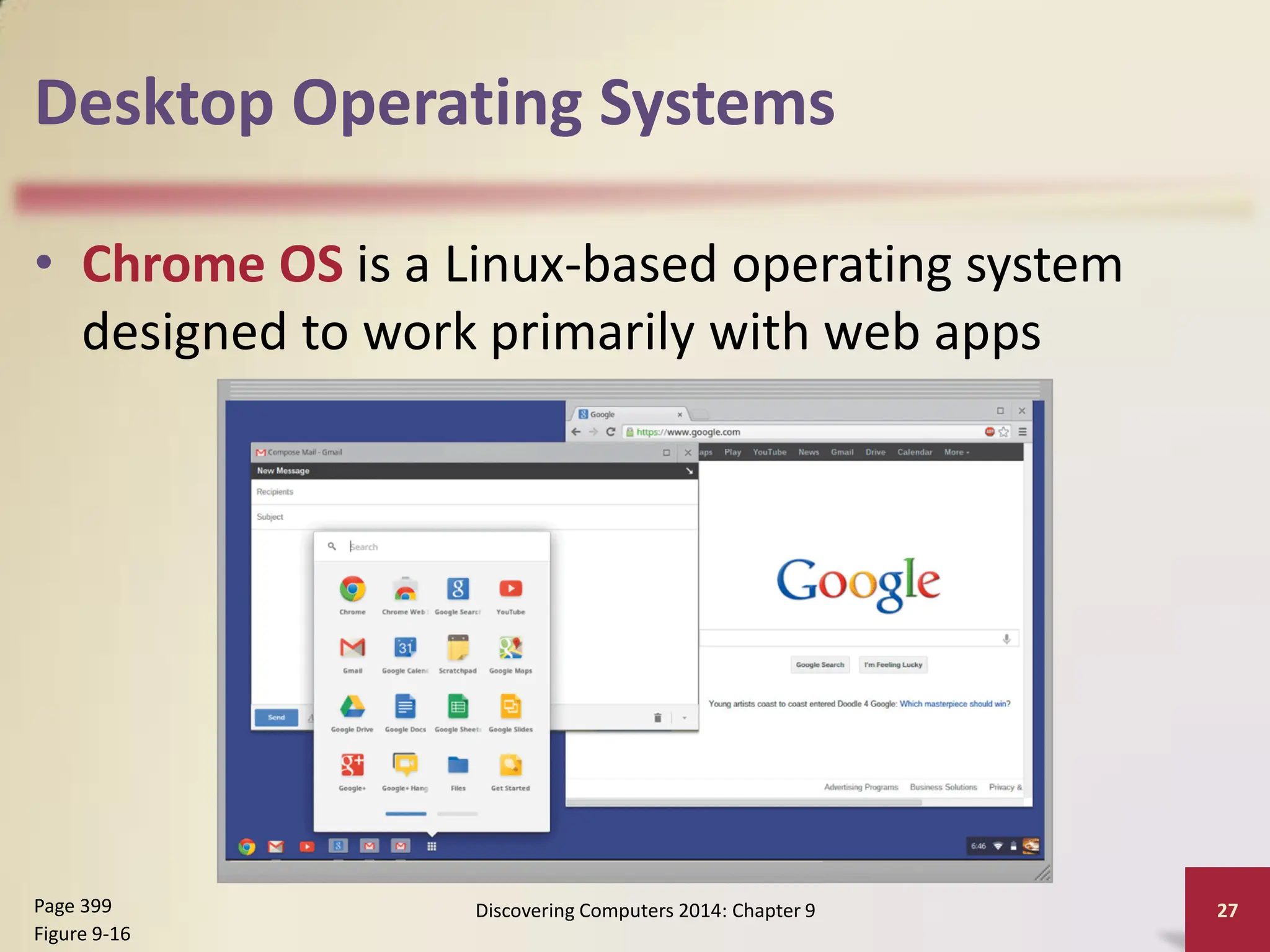 Desktop Operating Systems
• Chrome OS is a Linux-based operating system
designed to work primarily with web apps
Discovering Computers 2014: Chapter 9 27
Page 399
Figure 9-16
 