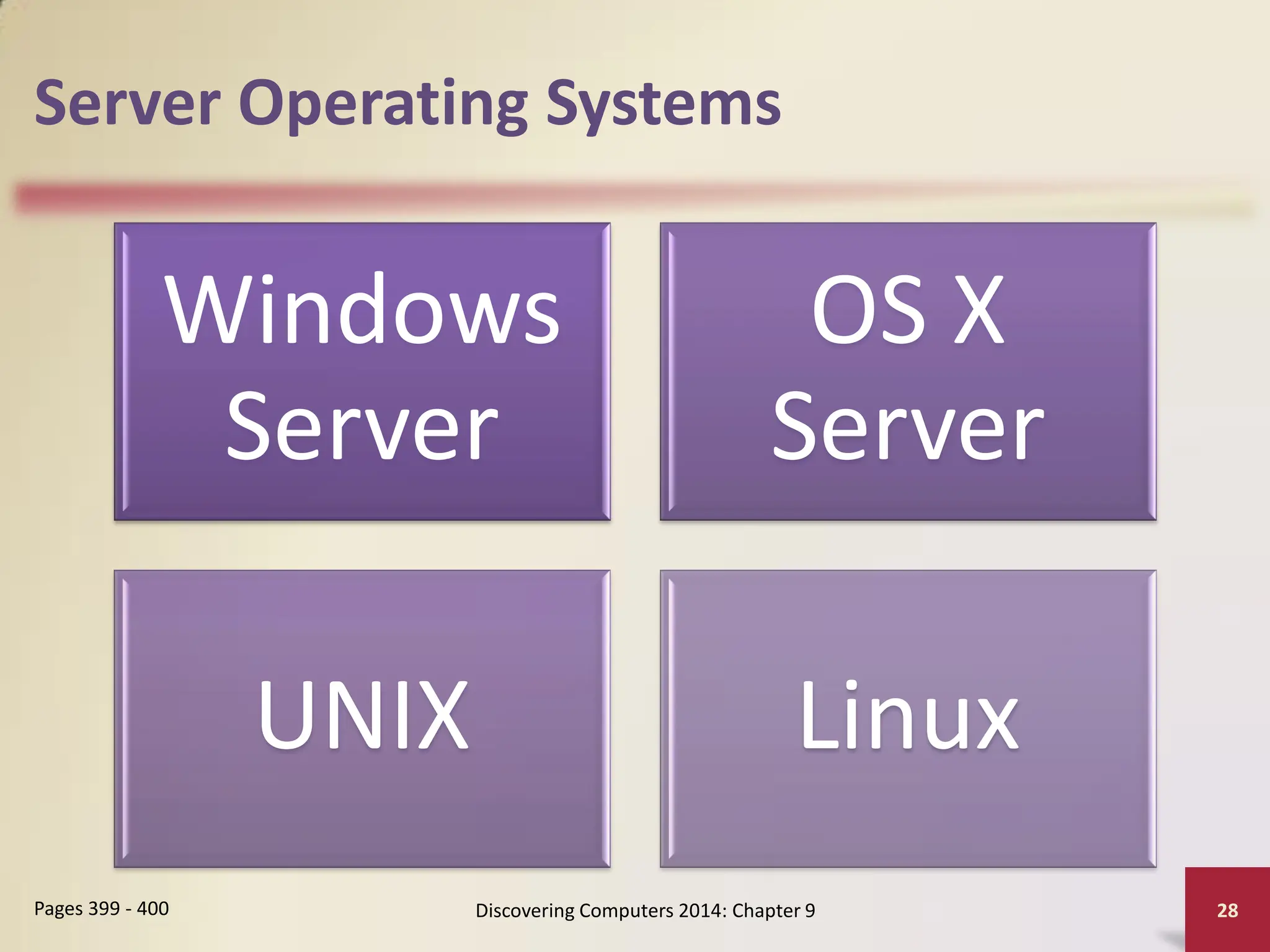 Server Operating Systems
Windows
Server
OS X
Server
UNIX Linux
Discovering Computers 2014: Chapter 9 28
Pages 399 - 400
 