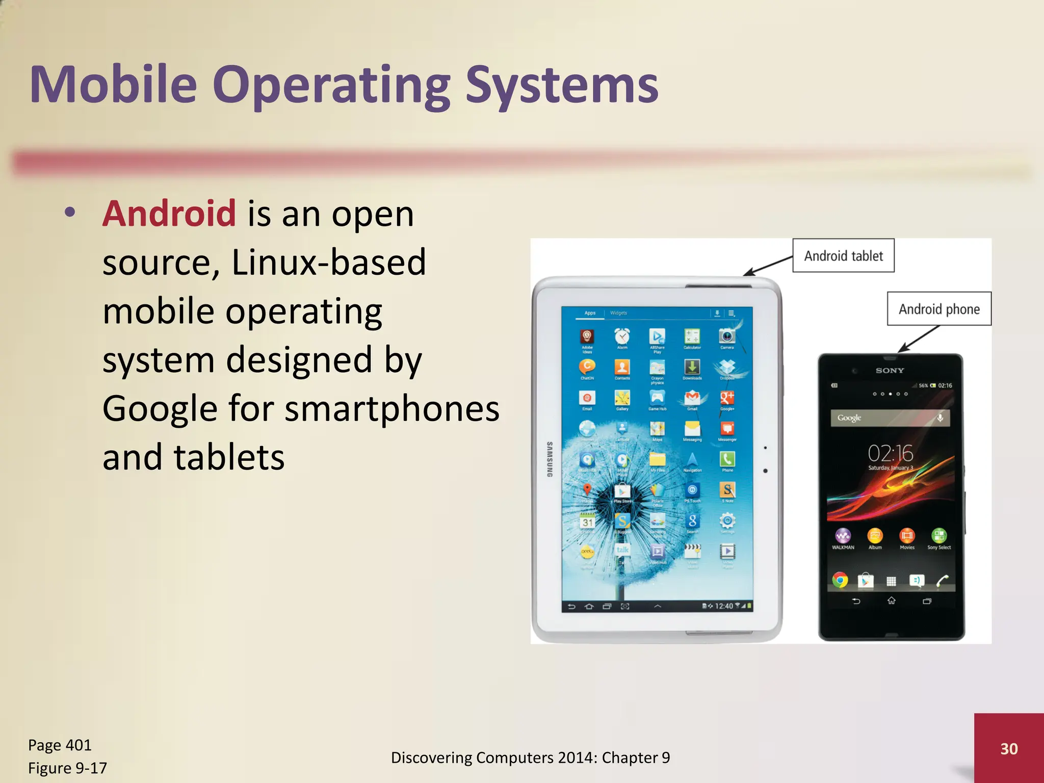 Mobile Operating Systems
• Android is an open
source, Linux-based
mobile operating
system designed by
Google for smartphones
and tablets
Discovering Computers 2014: Chapter 9
30
Page 401
Figure 9-17
 
