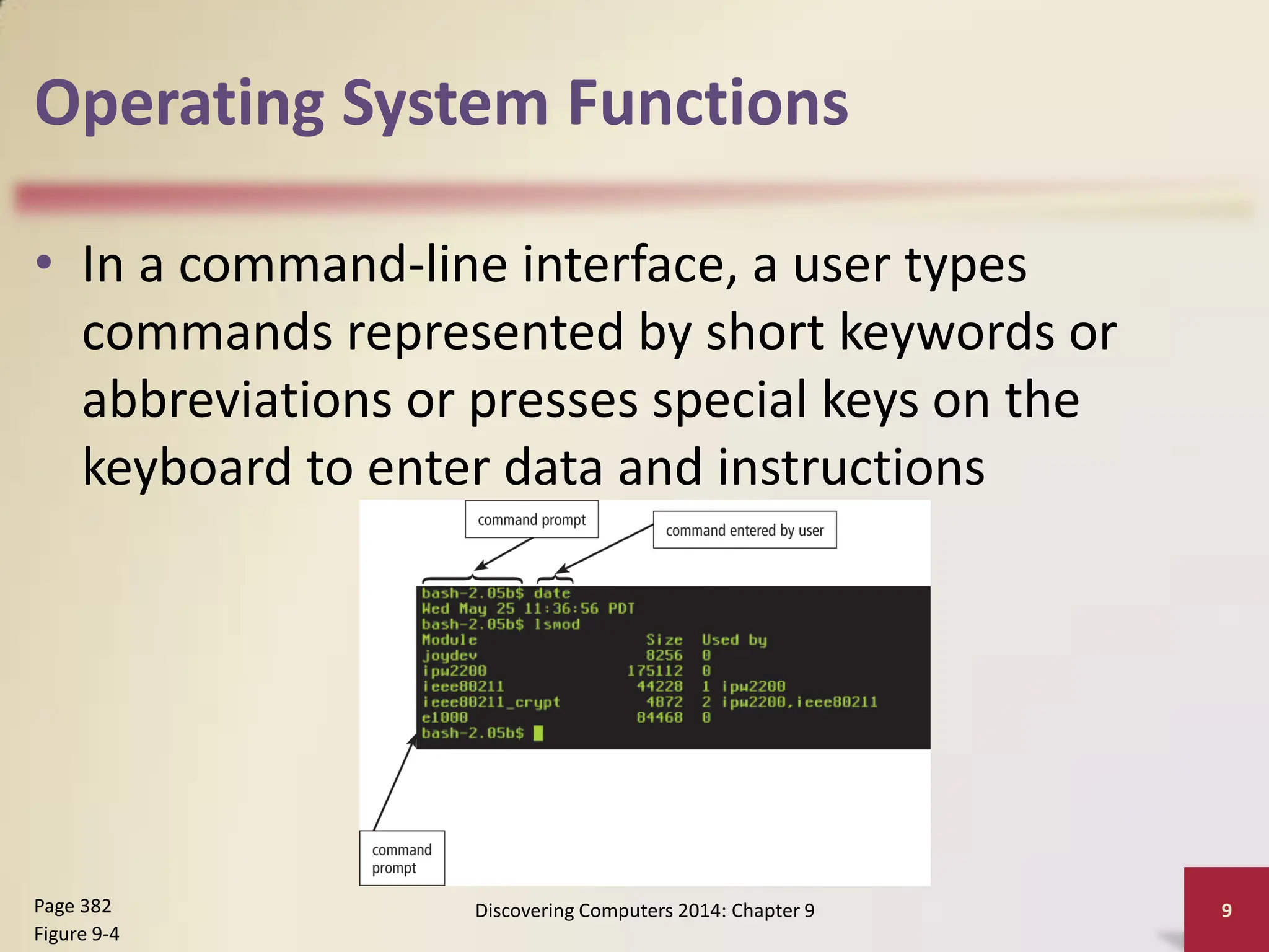 Operating System Functions
• In a command-line interface, a user types
commands represented by short keywords or
abbreviations or presses special keys on the
keyboard to enter data and instructions
Discovering Computers 2014: Chapter 9 9
Page 382
Figure 9-4
 