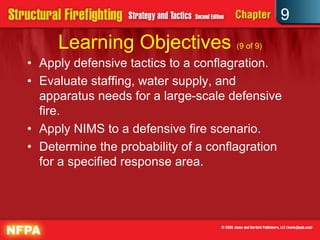 9
     Learning Objectives (9 of 9)
• Apply defensive tactics to a conflagration.
• Evaluate staffing, water supply, and
  apparatus needs for a large-scale defensive
  fire.
• Apply NIMS to a defensive fire scenario.
• Determine the probability of a conflagration
  for a specified response area.
 