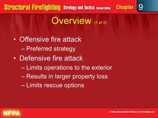 9
             Overview (1 of 2)
• Offensive fire attack
  – Preferred strategy
• Defensive fire attack
  – Limits operations to the exterior
  – Results in larger property loss
  – Limits rescue options
 