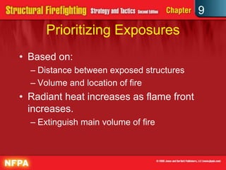 9
      Prioritizing Exposures
• Based on:
  – Distance between exposed structures
  – Volume and location of fire
• Radiant heat increases as flame front
  increases.
  – Extinguish main volume of fire
 