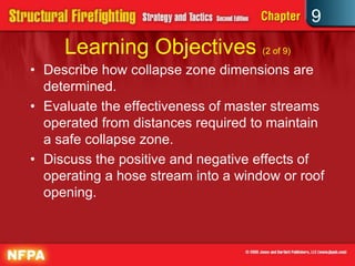 9
     Learning Objectives (2 of 9)
• Describe how collapse zone dimensions are
  determined.
• Evaluate the effectiveness of master streams
  operated from distances required to maintain
  a safe collapse zone.
• Discuss the positive and negative effects of
  operating a hose stream into a window or roof
  opening.
 