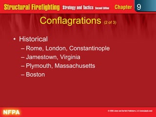 9
         Conflagrations (2 of 3)
• Historical
  – Rome, London, Constantinople
  – Jamestown, Virginia
  – Plymouth, Massachusetts
  – Boston
 