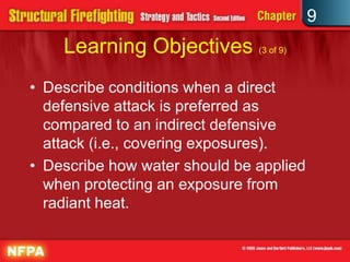 9
    Learning Objectives (3 of 9)
• Describe conditions when a direct
  defensive attack is preferred as
  compared to an indirect defensive
  attack (i.e., covering exposures).
• Describe how water should be applied
  when protecting an exposure from
  radiant heat.
 
