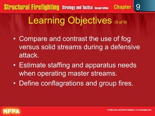 9
    Learning Objectives (5 of 9)
• Compare and contrast the use of fog
  versus solid streams during a defensive
  attack.
• Estimate staffing and apparatus needs
  when operating master streams.
• Define conflagrations and group fires.
 