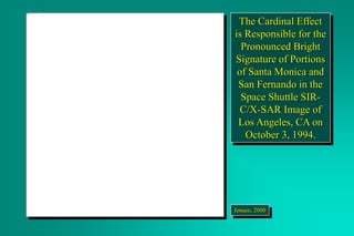 The Cardinal Effect
is Responsible for the
Pronounced Bright
Signature of Portions
of Santa Monica and
San Fernando in the
Space Shuttle SIR-
C/X-SAR Image of
Los Angeles, CA on
October 3, 1994.
Jensen, 2000
 