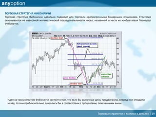 Торговые стратегии и тактики в деталях | 19
ТОРГОВАЯ СТРАТЕГИЯ ФИБОНАЧЧИ
Торговая стратегия Фибоначчи идеально подходит для торговли краткосрочными бинарными опционами. Стратегия
основывается на известной математической последовательности чисел, названной в честь их изобретателя Леонардо
Фибоначчи.
Идея за таким откатом Фибоначчи состоит в том, что если бы рыночные цены продвигались вперед или отходили
назад, то они приблизительно двигались бы в соответствии с процентами, показанными выше.
 