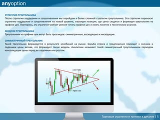 Торговые стратегии и тактики в деталях | 5
СТРАТЕГИЯ ТРЕУГОЛЬНИКА
После стратегии поддержки и сопротивления мы перейдем к более сложной стратегии треугольника. Эта стратегия переносит
стратегию поддержки и сопротивления на новый уровень, изолируя позиции, где цены сходятся и формируя треугольник на
графике цен. Повторюсь, эта стратегия требует умения читать графики цен и иметь понятие о техническом анализе.
МОДЕЛИ ТРЕУГОЛЬНИКА
Треугольники на графике цен могут быть трех видов: симметричные, восходящие и нисходящие.
СИММЕТРИЧНЫЙ ТРЕУГОЛЬНИК
Такой треугольник формируется в результате колебаний на рынке. Борьба спроса и предложения приводит к скачкам и
падением цены актива, что формирует такую модель. Аналитики называют такой симметричный треугольником периодом
консолидации цены перед ее падением или ростом.
 
