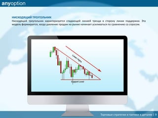Торговые стратегии и тактики в деталях | 9
НИСХОДЯЩИЙ ТРЕУГОЛЬНИК
Нисходящий треугольник характеризуется спадающей линией тренда в сторону линии поддержки. Эта
модель формируется, когда давление продаж на рынке начинает усиливаться по сравнению со спросом.
 