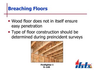 Breaching Floors
• Wood floor does not in itself ensure

easy penetration
• Type of floor construction should be
determined during preincident surveys

Firefighter I
9–149

 