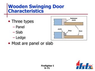 Wooden Swinging Door
Characteristics
• Three types
– Panel
– Slab
– Ledge

• Most are panel or slab

Firefighter I
9–71

 