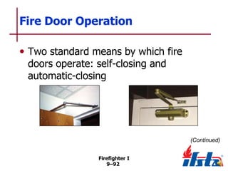 Fire Door Operation
• Two standard means by which fire
doors operate: self-closing and
automatic-closing

(Continued)
Firefighter I
9–92

 