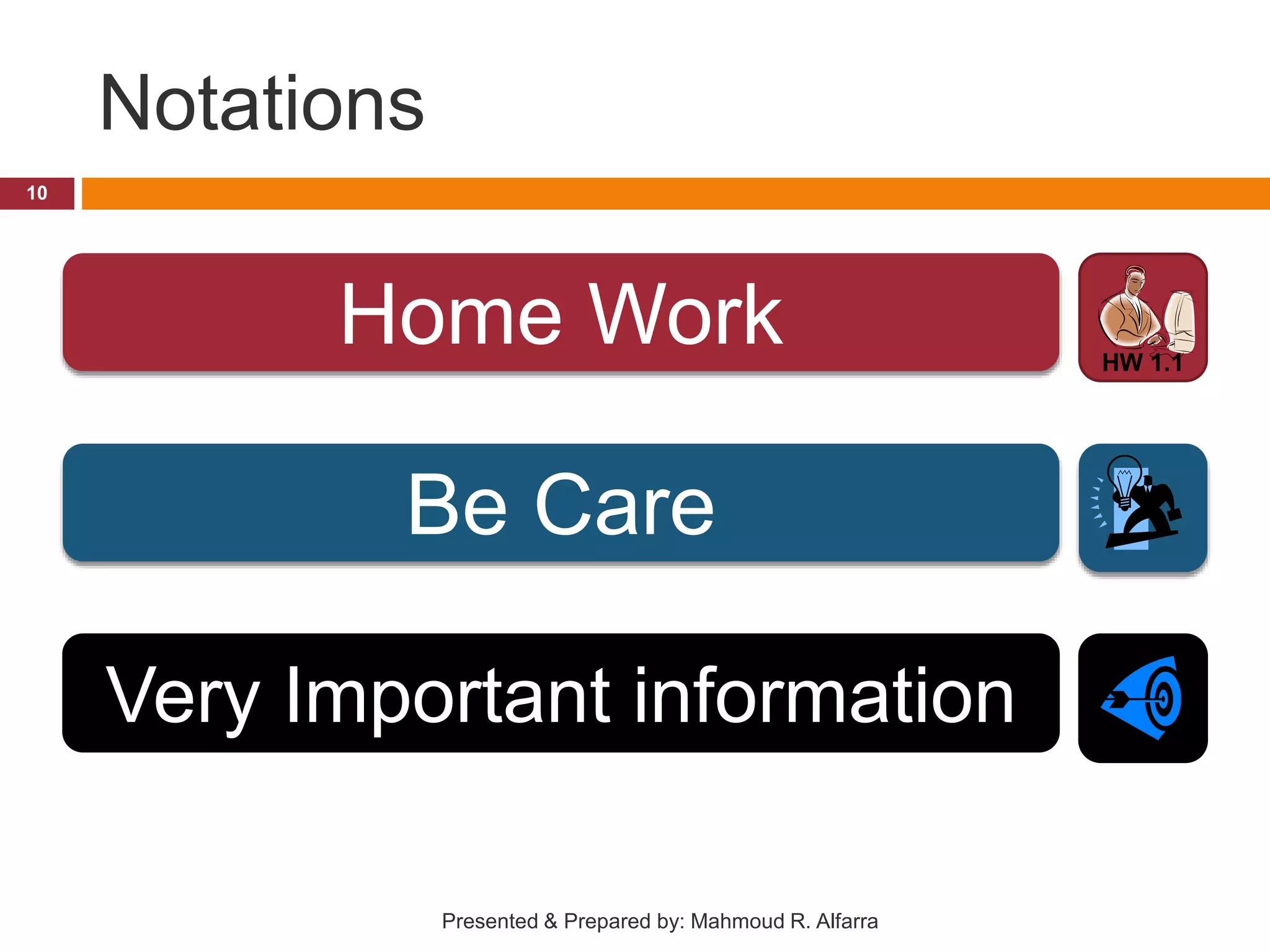 Notations 10 Presented & Prepared by: Mahmoud R. Alfarra Home Work HW 1.1 Be Care Very Important information 