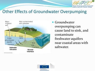 Other Effects of Groundwater Overpumping
 Groundwater
overpumping can
cause land to sink, and
contaminate
freshwater aquifers
near coastal areas with
saltwater.
 