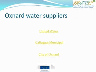 Oxnard water suppliers
United Water
Calleguas Municipal
City of Oxnard
 