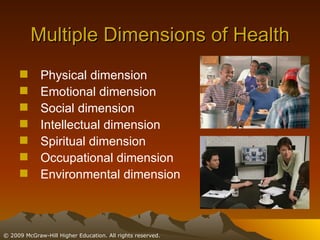 Multiple Dimensions of Health Physical dimension Emotional dimension Social dimension Intellectual dimension Spiritual dimension Occupational dimension Environmental dimension 