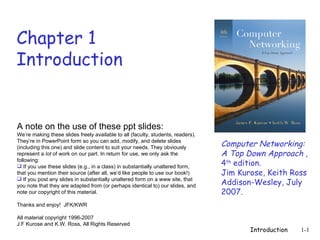 Chapter 1 Introduction Computer Networking: A Top Down Approach , 4 th  edition.  Jim Kurose, Keith Ross Addison-Wesley, July 2007.  ,[object Object],[object Object],[object Object],[object Object],[object Object],[object Object],[object Object]