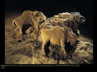 Figure 1-7   Two bison, reliefs in cave at Le Tuc d’Audoubert, France, ca. 15,000–10,000 BCE. Clay, each 2’ long. 