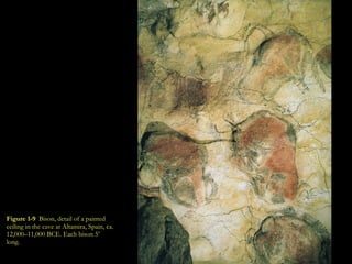 Figure 1-9  Bison, detail of a painted ceiling in the cave at Altamira, Spain, ca. 12,000–11,000 BCE. Each bison 5’ long. 
