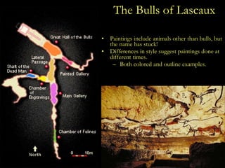 The Bulls of Lascaux Paintings include animals other than bulls, but the name has stuck! Differences in style suggest paintings done at different times. Both colored and outline examples. 
